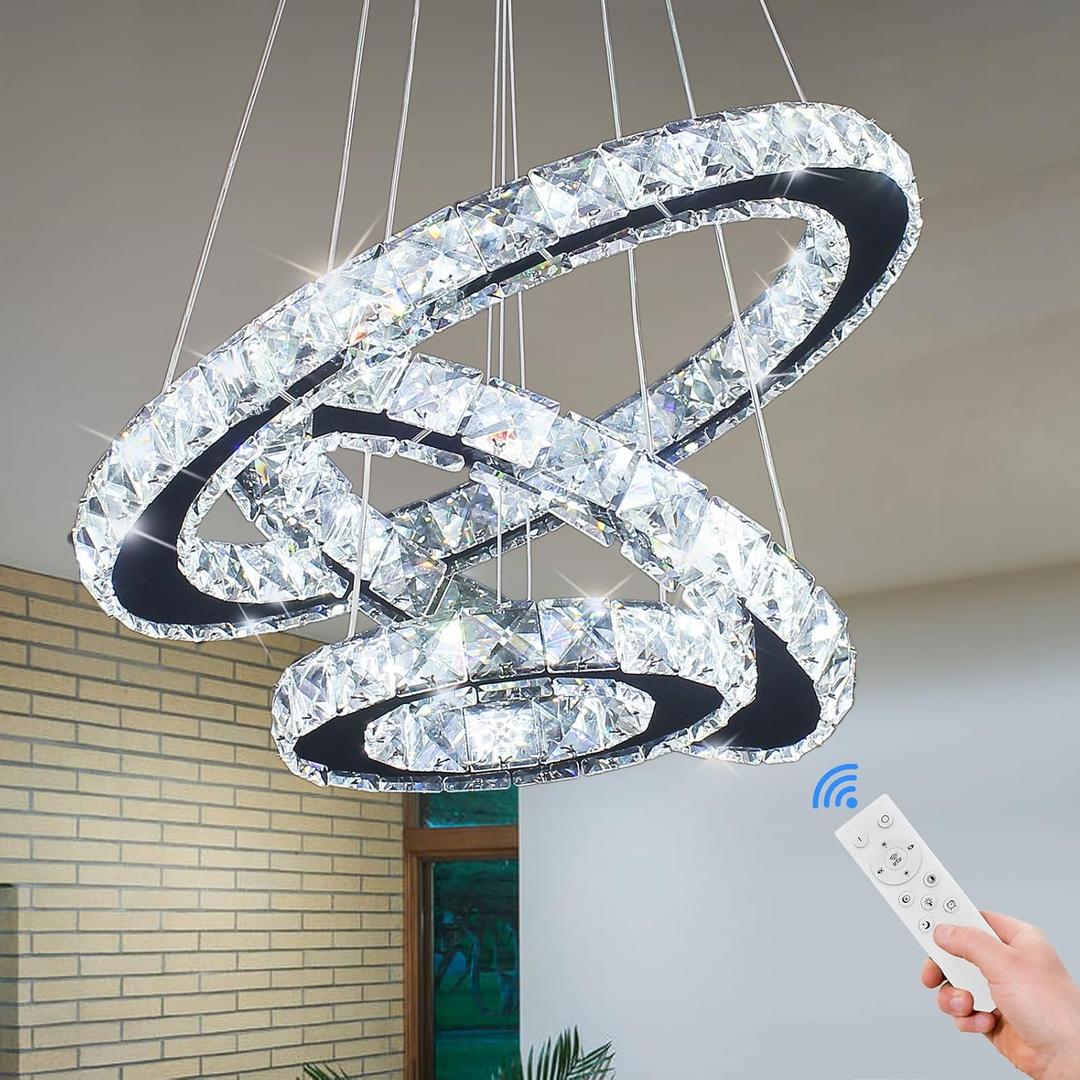 Modern LED Chandelier 3 Rings Crystal Chandelier Stainless Steel Adjustable Pendant Light for Living Dining Room Bedroom (Dimmable)