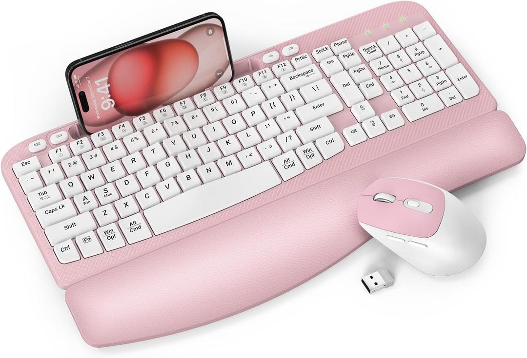 Wireless Keyboard and Mouse Combo, Wave Keys Full-Sized Ergonomic Keyboard with Cushioned Plam Rest, Phone Holder, Comfortable Natural Typing, 2.4G Cordless Set for Computer, Laptop, Pc, Mac, Windows