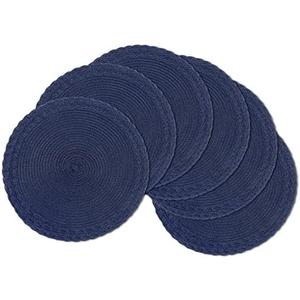 SHACOS Round Placemats Set of 6 Braided Border Fabric Woven Table Mats Washable 15 inch Circle Place Mats for Dining Table, Navy Blue