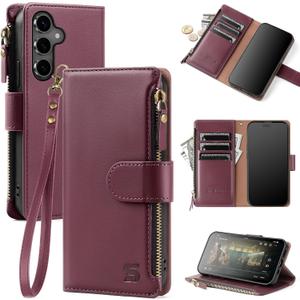 Compatible with Samsung Galaxy S24 FE 5G Wallet Case with Card Holder,Women Men RFID Blocking PU Leather Phone Case Flip Protective Cover Wrist Strap Zipper Credit Card Slots,Wine Red