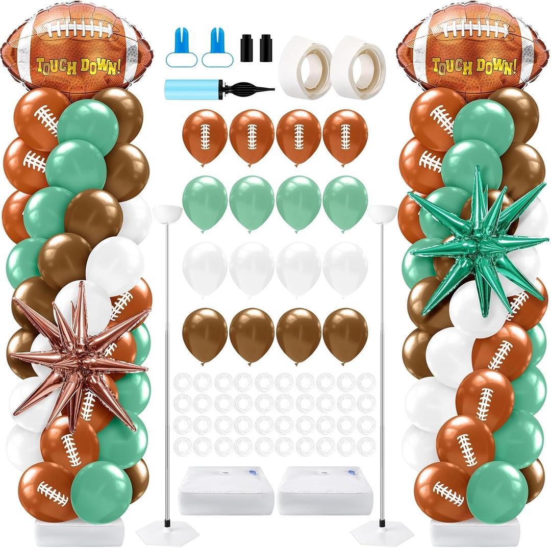 Kasyat 2 Sets Football Balloon Column Stand Kit with 2 Football Foil Balloons 100 Latex Balloons Green and Brown Arch Kit for Floor for First Year Down Birthday Party Themed Decoration