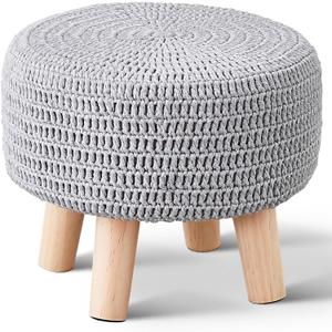 Wimarsbon Small Ottomans, 100% Hand Knitted Pouf Ottoman, Round Footrest with 4 Non-Skid Wood Legs, Boho Dcor Cotton Rope Pouffe Beside Sofa, Leisure Floor Step Chair for Living Room (Grey)