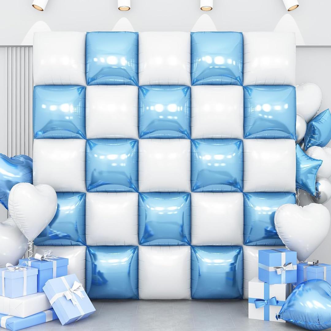 Blue White Square Foil Balloon Wall,25Pcs Double Sided Foil Balloons Backdrop Helium Polyester Tunnel Arch Garland Kit for Birthday Bridal Anniversary Baby Shower Party Decorations