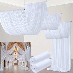 10ftx30ft White Ceiling Drapes for Wedding Parties, Wrinkle Free Polyester 2 Panels 5x30ft Long Tent Curtains Draping Cloth Arch Drapery for Birthday Party Event Tent Canopy Venue Decoration