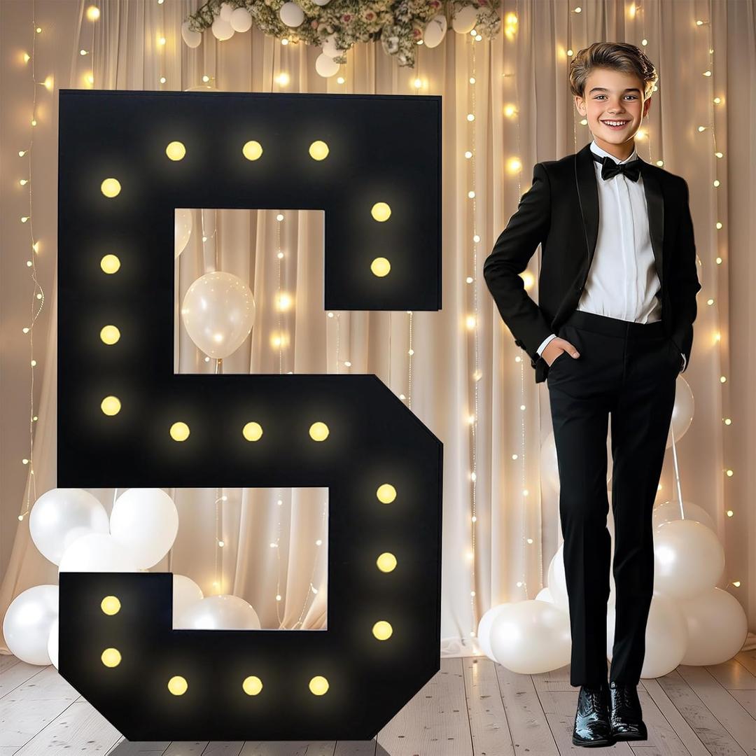 4FT Marquee Light Up Numbers, Black Giant Marquee Number Big Mosaic Number for 5th 15th 50th Birthday Party Decorations Backdrop 5 Anniversary Decor, Pre-Cut Frame Large Number 5