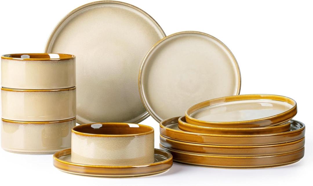 LeRatio Ceramic Dinnerware Sets for 4,Round Reactive Glaze Ceramic Plates and Bowls Set,Highly Chip and Crack Resistant | Dishwasher & Microwave Safe Dishes Set,Service for 4 (12pc)-Kahki (Reactive-Kahki)