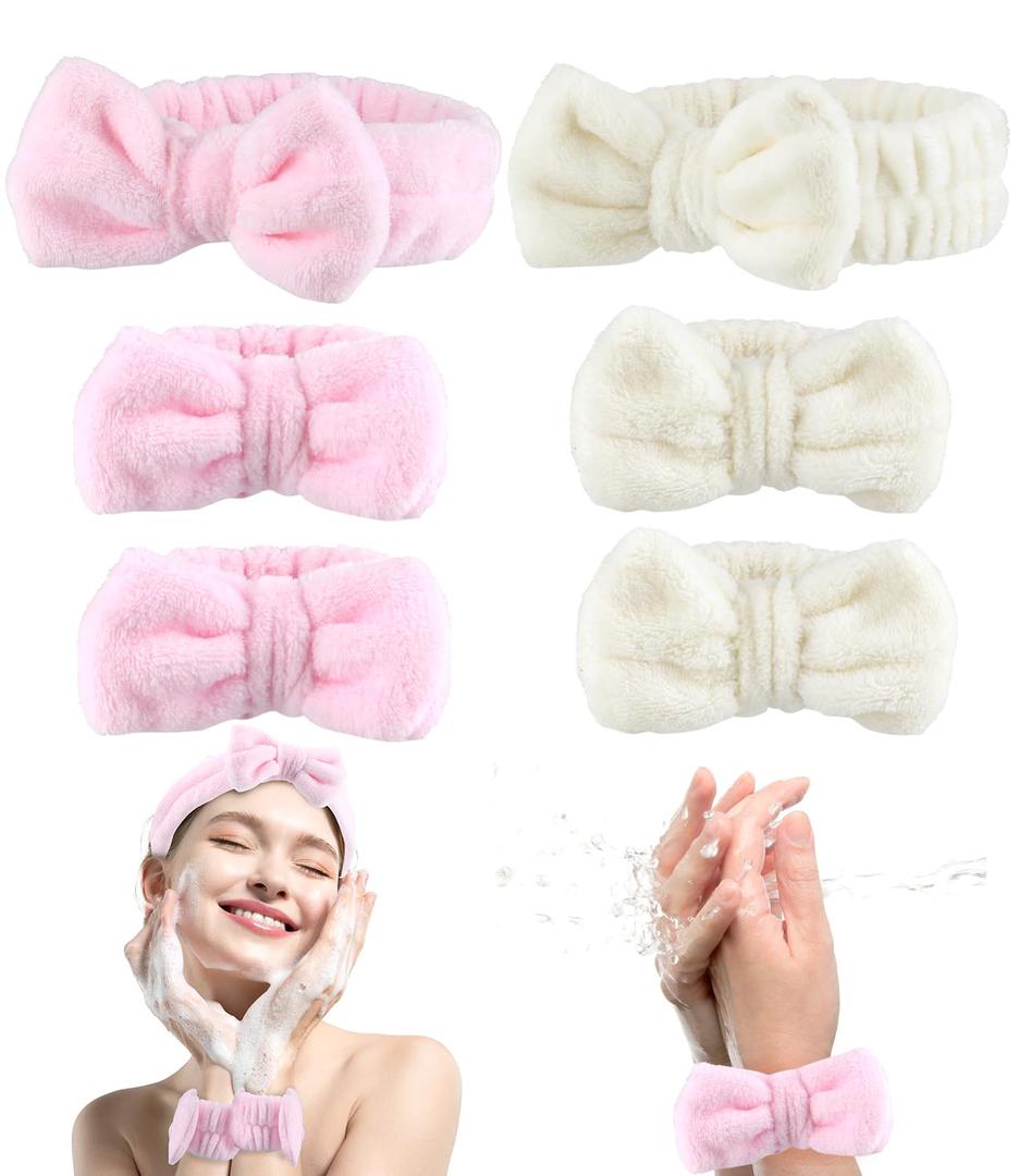 6PCS Spa Headband and Wristband Set for Women & Girls - Soft Skincare Face Wash Headbands with Bows, Makeup Headbands, and Wrist Towels (Beige+Pink, Large) (1 Count (Pack of 6))
