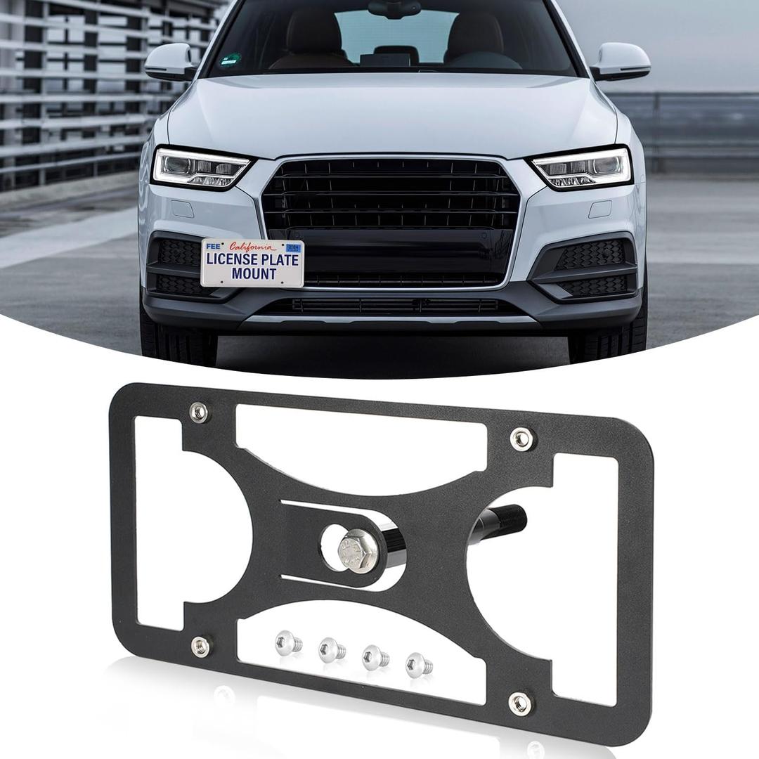 Front Bumper Tow Hook License Plate Mount Bracket Compatible with Audi Q3 (8U) 2015-2018, No Drill Plate Holder, Replacement Frames with Accessories Kit