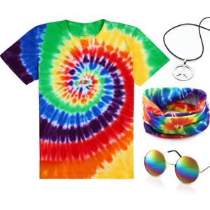 4 Pieces Hippie Costume Set, Include Colorful Tie-Dye T-Shirt, Peace Sign Necklace, Headband and Sunglasses for Theme Parties (8-10Y, Rainbow)