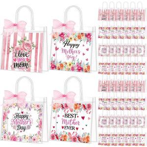 Kolldenn 48 Pcs Mother's Day Clear Gift Bags Bulk Pink Floral PVC Gifts Bag with Handle Ribbon Reusable Goodies Treats Happy Mothers Day Bag for Mom Women Decoration Party Favors 5.9x6.3x2.8 Inch