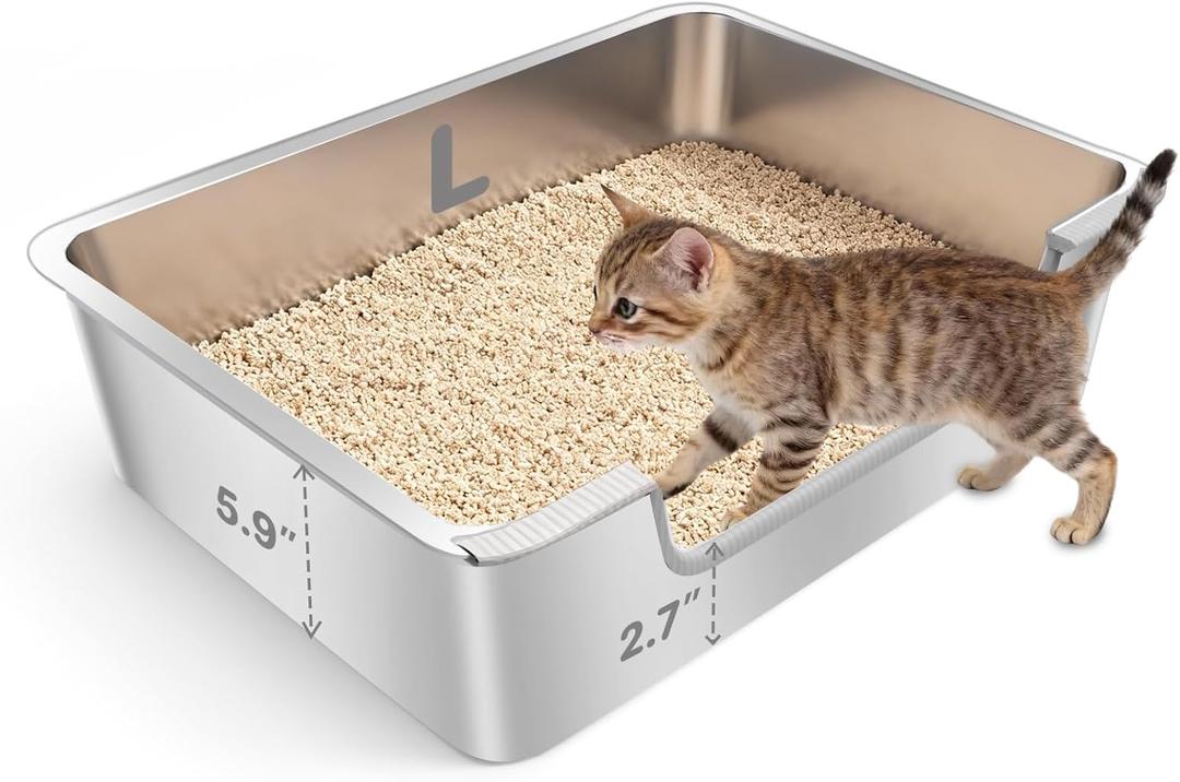 Low Entry Litter Box for Senior or Disabled & Injured Cats, Stainless Steel High Sided Enclosed Easy Step in Entry-Metal Kitty Litter Box for Kittens, Odor Control (19.7x13.8x5.9)