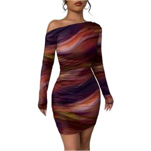 Women's Sexy Off The Shoulder Bodycon Mini Dress Tie Dye Long Sleeve Ruched Asymmetrical Club Dresses