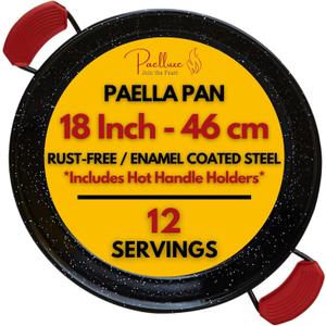 Paelluxe Paella Pan Enamelled, No-Rust Steel Skillet Perfect for Propane & Gas Burners Indoor & Outdoor Cooking Cacerola Paellera Sarten 18 Inch, for 12 Servings