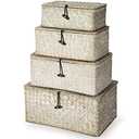 Woanger Set of 4 Wicker Baskets with Lids, Nautral Seagrass Storage Baskets, Woven Rectangular Basket Bins, Rattan Storage Organizer for Shelf Closet Bedroom