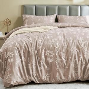 MUXHOMO Duvet Cover Queen Size, Reversible Floral Taupe Duvet Cover Set with Zipper Closure, 3 Pieces Botanical Patterns Soft Microfiber Bedding Set with 4 Ties (90"x90", 2 Pillow Cases) (01 - Taupe Leaves (No Comforter))
