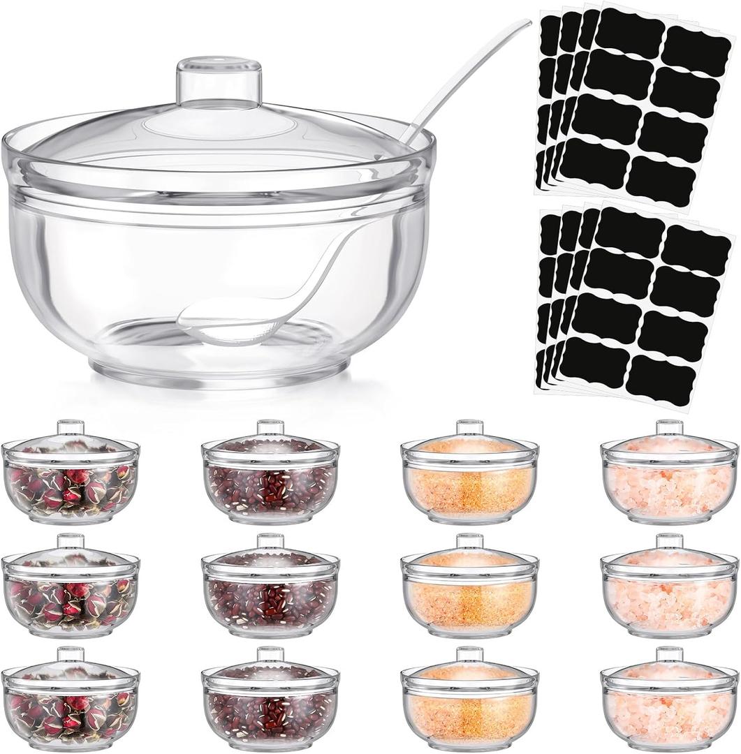 Tioncy 12 Pieces Acrylic Sugar Containers for Countertop, 4 oz Clear Acrylic Sugar Bowl with Lid and Spoon with Tag, Sugar Holder Dispenser Salt Jar for Serving Condiment Candy Coffee Tea Spices Herbs