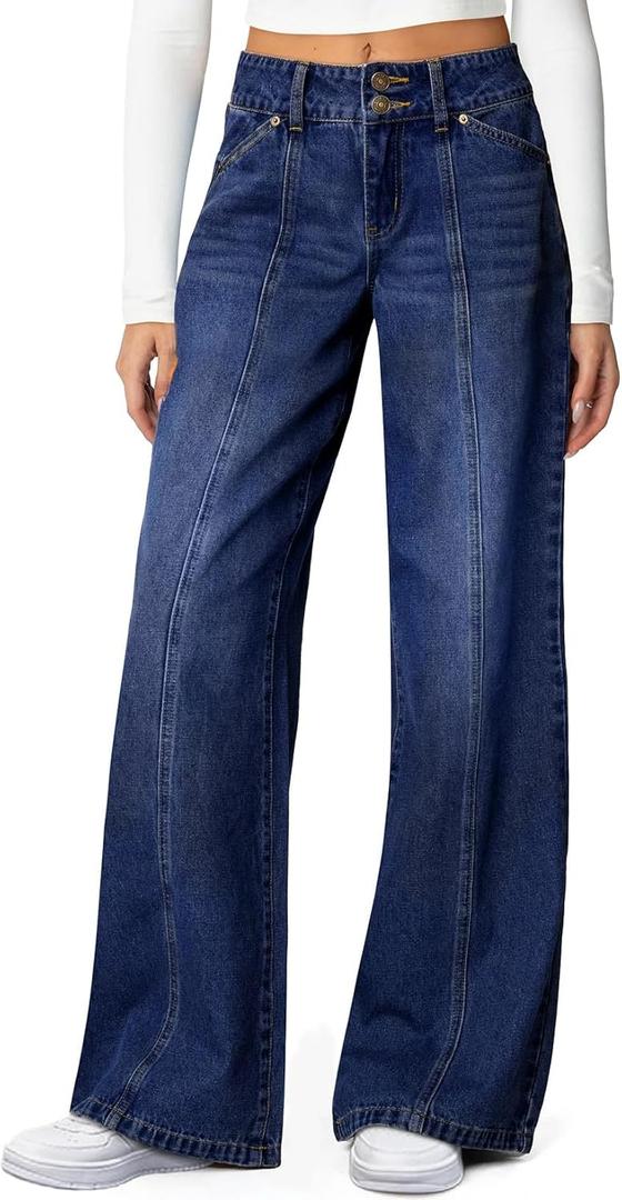 Sidefeel Womens Wide Leg Jeans High Waisted Straight Leg Stretchy Jeans Trendy Seamed Front Loose Denim Pants Navy Blue Size 10