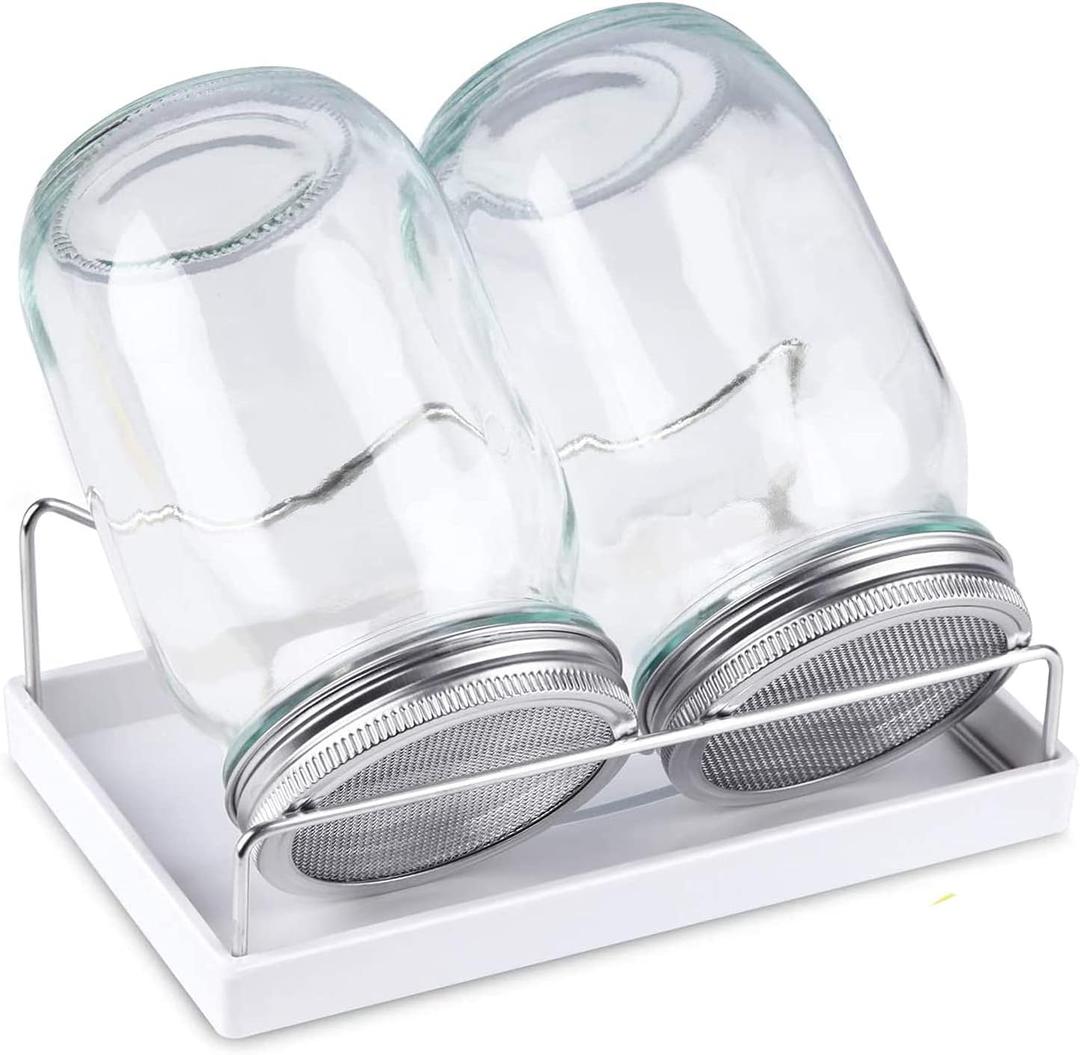 Sprouting Jar Kit-2 Wide Mouth Quart Mason Jars with 316 Stainless Steel Screen Sprout Lids,Melamine Tray,Stand and Canning Brush | Seed Sprouter Set for Growing Broccoli, Alfalfa, Mung Bean (White)
