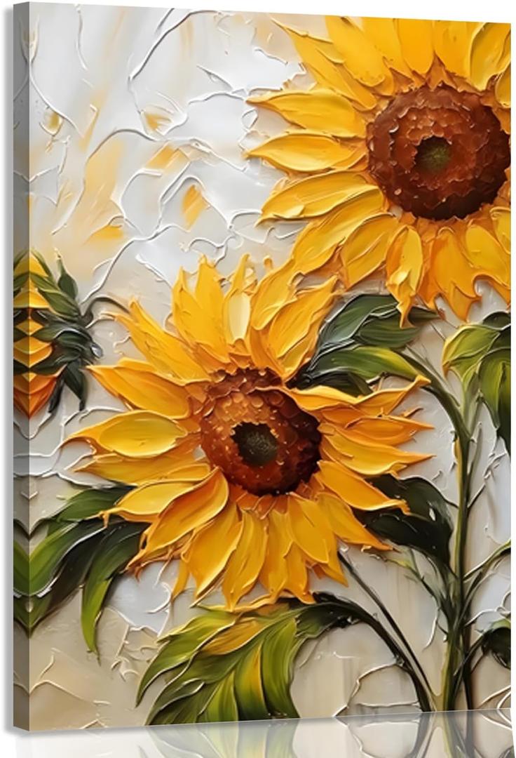 Yellow Sunflower Canvas Wall Art, Oil Sunflower Poster Wall Decor, Sun Flower Picture for Wall Living Room Bathroom Bedroom Home Decoration 12 * 18 in Framed