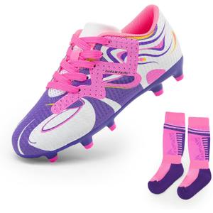 DREAM PAIRS Boys Girls Soccer Cleats Youth Firm Groud Sport Football Cleats with Soccer Socks for Little/ Big Kid/ Toddler, Size 5 Big Kid, White/ Purple, KKUMSO2503