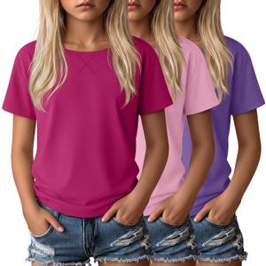 Oakgarden 3 Pack Girls' T Shirts Short Sleeve Tops Soft Boat Neck Cute Shirts Kids Lightweight Summer Loose Tees