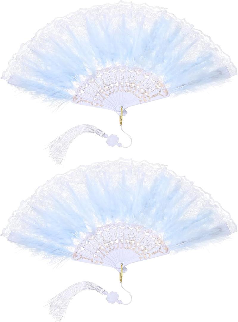 uxcell 2 Pcs Vintage Folding Fan, Embroidered Flower Marabou Feather Fans 20s Vintage Style Handheld Folding Fan for Dancing Wedding Show Party Tea Party Occasions, Light Blue (Lace) 