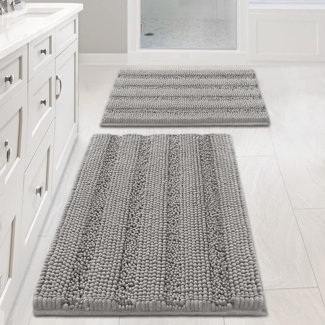 Non Slip Thick Shaggy Chenille Bathroom Rug Mat Set Extra Soft and Absorbent Striped Floor Rugs, 2 Piece, Machine-Washable (20" x 32" Plus 17" x 24", Dove)