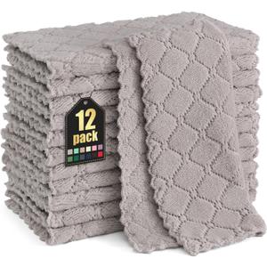 Homaxy 12 Pack Kitchen Dish Cloths (10 x 10 Inches, Grey), Super Soft and Absorbent Coral Velvet Dish Towels, Nonstick Oil Fast Drying Microfiber Cleaning Cloth, No Lint Household Dishcloths