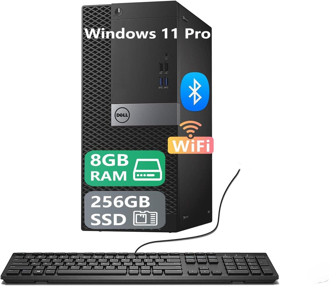 Dell OptiPlex 7040 Tower Desktop Computer PC, Core i5-6500T, 8GB RAM, 256GB SSD, USB WiFi, USB Bluetooth, Mouse and Keyboard, Windows 11 Pro 