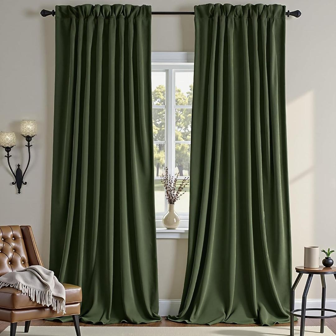 Nemia Olive Green Velvet Curtains Blackout Thermal Insulated Curtain for Bedroom Window Living Room Darkening Luxury Vintage 96 Inches Long Heavy Drapes Panels Rod Pocket Set of 2
