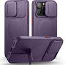 SURITCH for iPhone 15 Pro Max Case with Magnetic Camera Slide Cover and Adjustable Kickstand, Compatible with MagSafe, Shockproof Bumper Case Slim Protective Cover 6.7 Inch, Dark Purple
