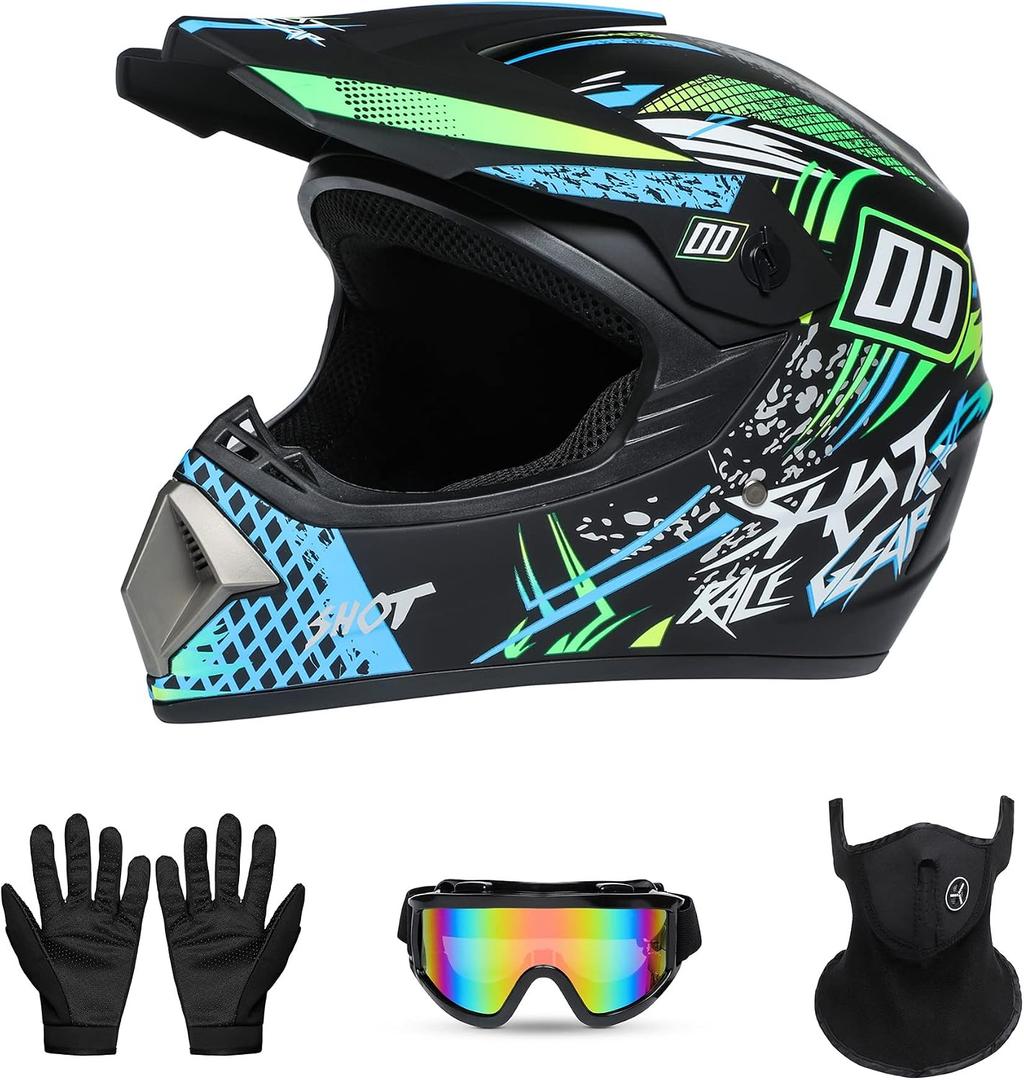 Youth Sport Full-Face Helmet for BMX, Mountain Bike & Off-Road Motocross Helmet, DOT Certified Motorcycle Helmet for Dirt Bike & ATV, Lightweight and Comfortable, 4-Piece Set, Large