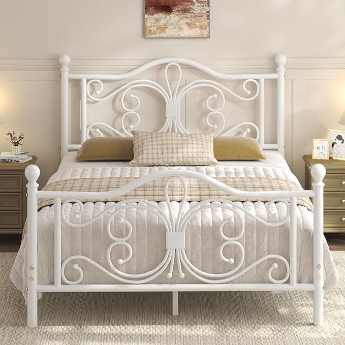 Queen Size Bed Frame，Metal Platform Bed with Headboard, Butterfly Pattern Design Headboard & Footboard, Strong Metal Slat Support, Easy Assemble, No Box Spring Needed, Noise-Free, White