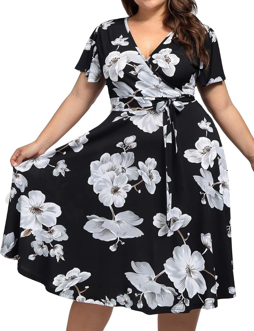 kissmay Plus Size Women's V Neck Floral Cocktail Party Midi Dresses with Pocket, 16 Plus