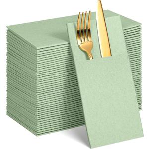 60 Pcs Sage Green Linen-Feel Paper Napkins with Built-in Flatware Pocket, Pocket Linen Napkins Prefolded Cloth Like Paper Napkins Bulk for Silverware Easter Wedding Baby Shower Birthday Bridal Party
