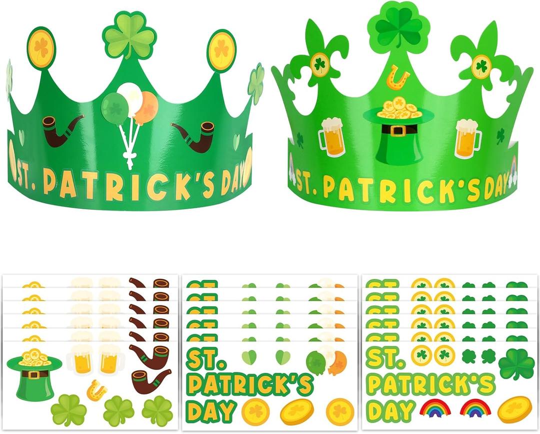 30 Pack St. Patrick's Day Crown Crafts Kit for Kids Classroom with Elastic Band, Blank Green Shamrock Clover Paper DIY Hats with Gold Coins Stickers for Irish St Patricks Day Theme Party Supplies