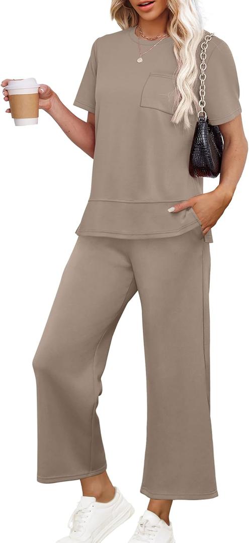 OFEEFAN Women's Lounge Sets Fashion Outfits Wide Leg Loungewear Side Slit Tracksuit for Vacation Travel Airport S-3XL (Brown)