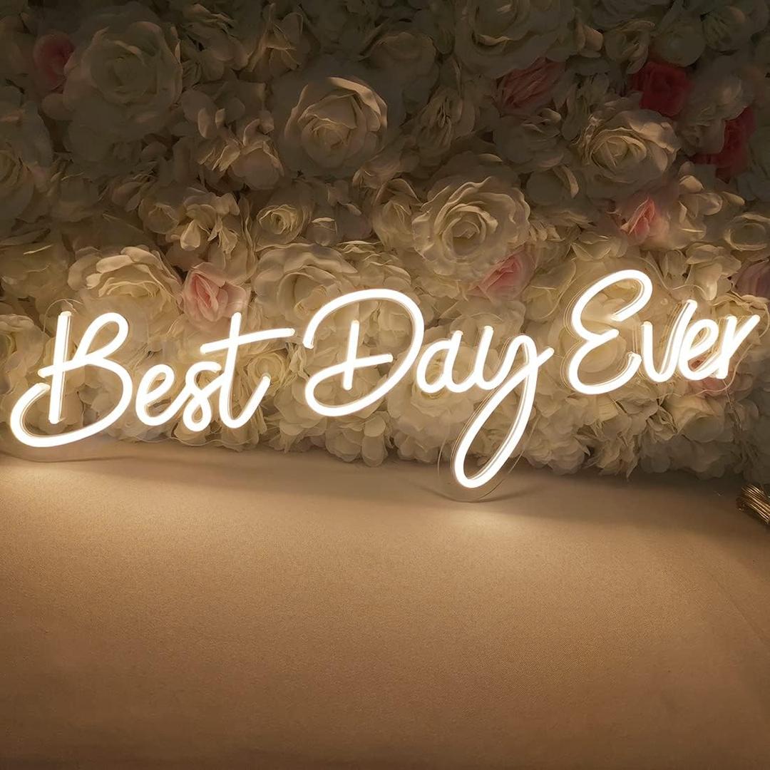 SYLHOME Large LED Neon Light Signs 12V Best Day Ever 26"X7.9" Wedding Ceremony Party Birthday Art Wall Backdrop Sign Decor, for Bedroom Home Bar Pub Neon Night Light Warm White, 26 inches by 7.9 inches