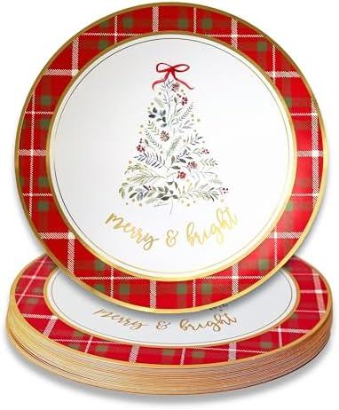 Kate Aspen 13" Disposable Holiday Placemats/Chargers, 48-Pack – Spillproof & Durable Merry & Bright Christmas Tree Design & Festive Red & Green Plaid Border Pack of 2
