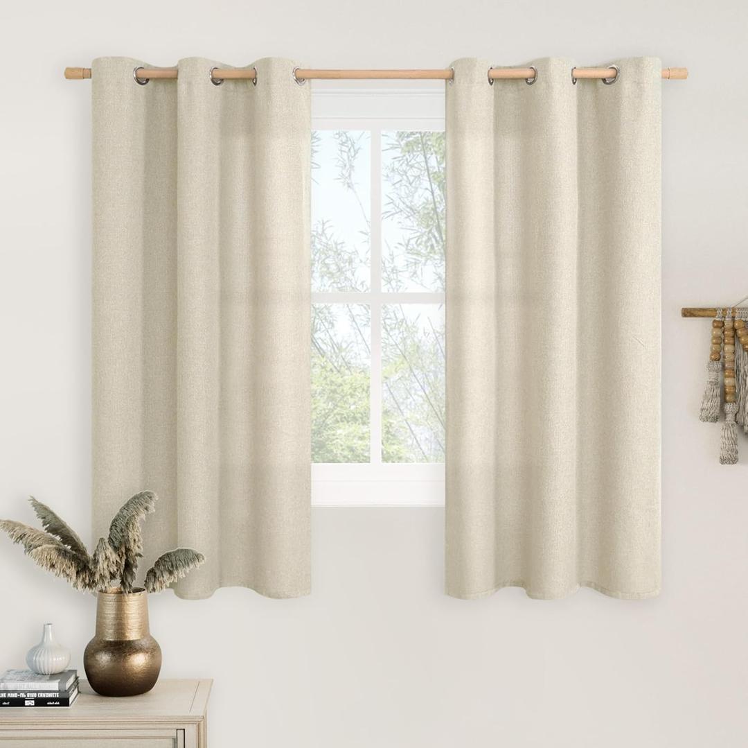 LAMIT Natural Linen Curtains for Bedroom 45 inch Length 2 Panels, Linen Textured Light Filtering Curtains Grommet Privacy Burlap Neutral Drapes for Living Room/Farmhouse, W42 x L45, Natural Beige
