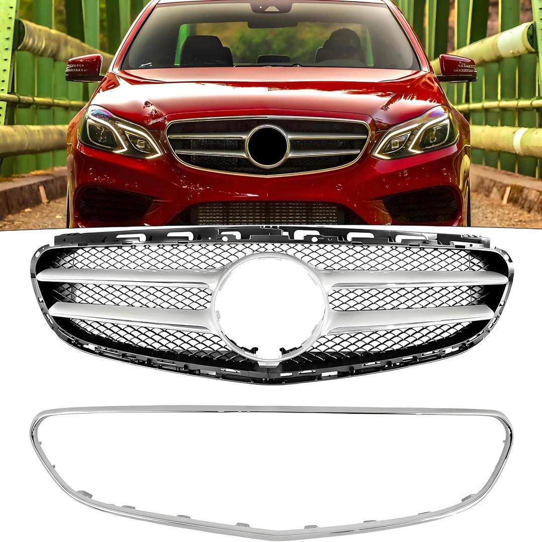 Front Bumper Grill Grille Fit For 2014 2015 2016 Mercedes E-Class E250/ E350/ E400/ E550/ W212/ S212, Radiator Grill + Chrome Molding Trim Replacement Parts Grid Accessories (Silver & Black)