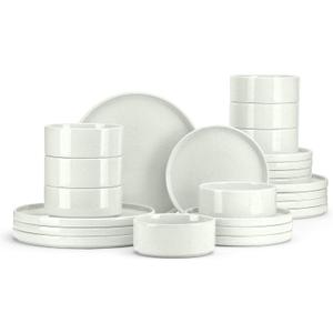 E-far Dinnerware Sets for 8, 24-Piece Stoneware Plates and Bowls Set, Modern Kitchen Dinning Dishware, Chip and Scratch Resistant, Microwave & Dishwasher Safe, Speckled White