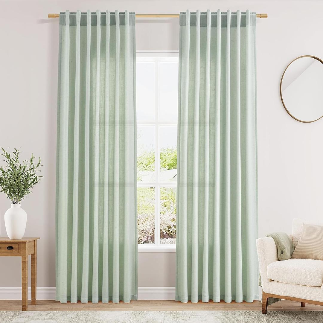 Nanspring Aqua Green Linen Curtains 84 Inch Length 2 Panels Set for Living Room Rod Pocket Back Tab Light Filtering Window Drapes for Bedroom Dining Room Protect Privacy Modern Farmhouse Decor 52x84