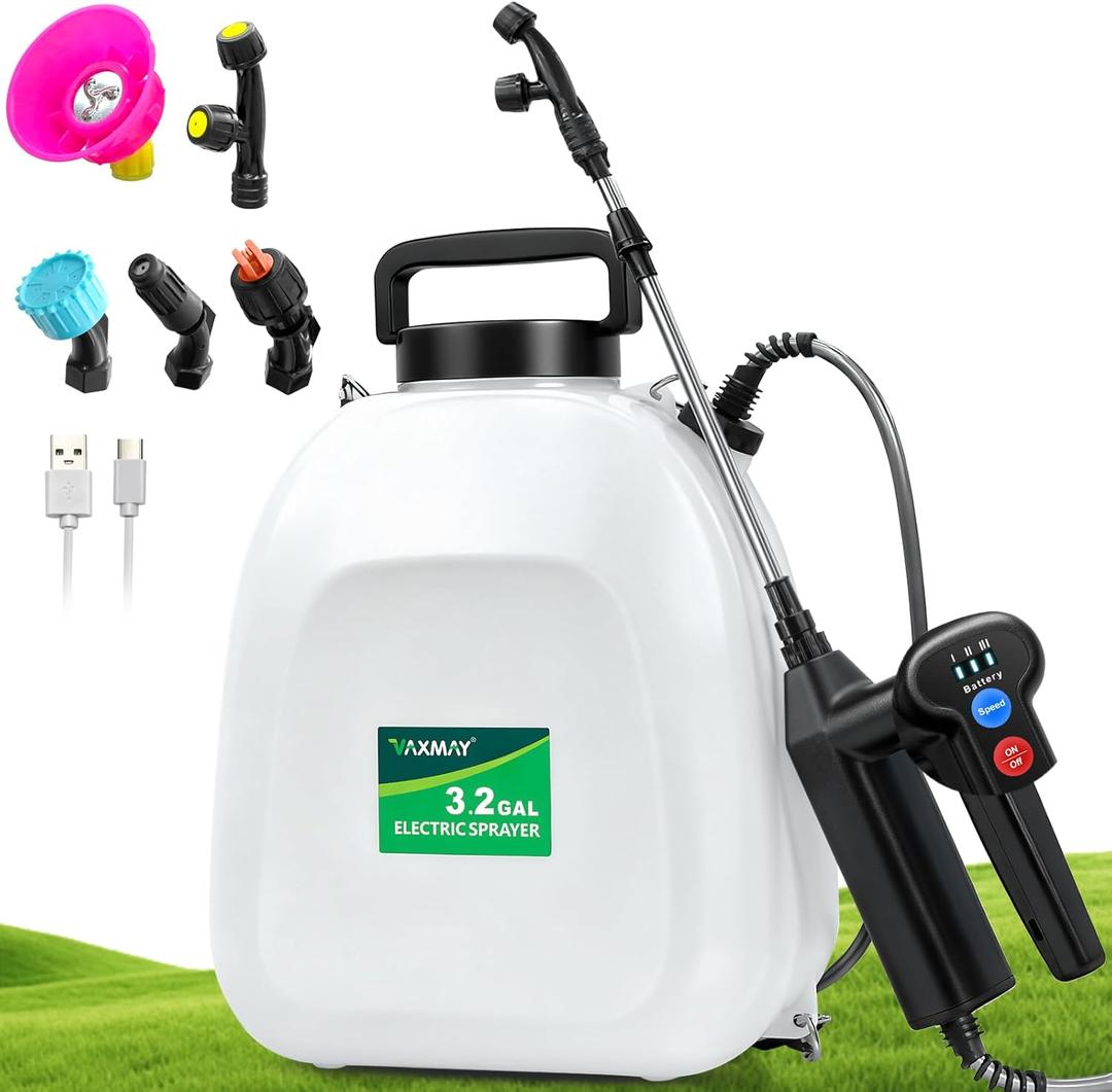 VAXMAY Battery Powered Sprayer 3.2 Gallon, Backpack Sprayer with 3 Adjustable Forces, Battery Indicator, 5 Mist Nozzles, 41" Retractable Wand, USB Rechargeable Garden Sprayer for Weed Lawn Yard
