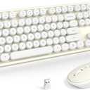 MOFII Wireless Keyboard and Mouse Combo, Computer Full Size 2.4G Plug and Play Wireless Typewriter Retro Round Keyboard and Mouse Set for Windows, Computer, Desktop, PC, Notebook - (Off White)