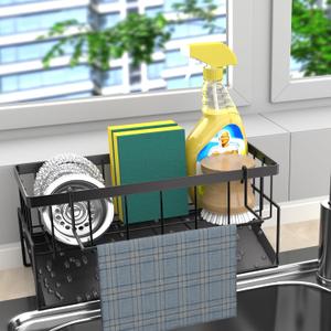 Sponge Holder for Kitchen Sink with Auto Draining Tray, Steel Sink Caddy, Kitchen Gadgets Accessories