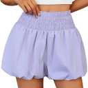 2 x Fisoew Womens High Waisted Bubble Shorts Smocked Elastic Going Out Cute Skorts with Pockets (Purple)