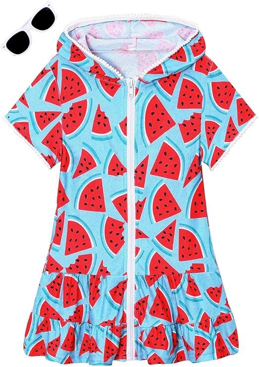 LUCKYGAL Girls Swim Cover Up Kids Swimsuit Coverup Terry Zip-Up Beach Bathing Suit Wraps with Sunglasses (6-7 Years, Watermelon)