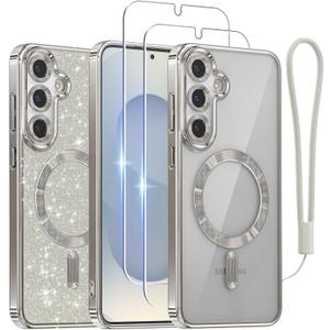 Meifigno Case Designed for Samsung Galaxy S25 6.2 inch, [Compatible with MagSafe] [2X HD Screen Protectors] [Glitter Card & Wrist Strap] Full Lens Protection Case for Galaxy S25, Icyblue