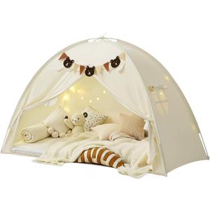 Twin Bed Tent for Kids, Girls Bed Tent Canopy Sleeping Tent Privacy Space Dream Playhouse with Stars Light & Flags, Toddler Indoor Floor Play Tent for Boys & Girls, Birthday Childrens Gift, Beige